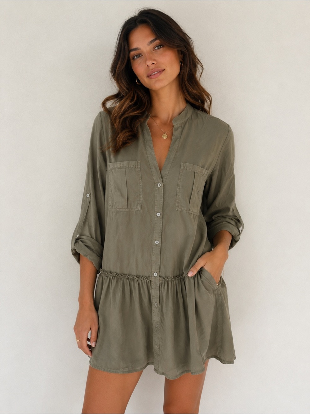 Zara Olive Green Tiered Mini Shirt Dress Size Large Button Front Utility Travel